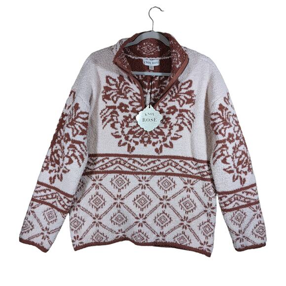 Knox Rose Damask Sweater Sherpa Large Pullover Mock Fuzzy Turtleneck Quarter Zip - Picture 1 of 10